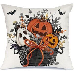 Halloween Pillow Cover 18X18 Inch Jack-o'-Lantern Floral Bat